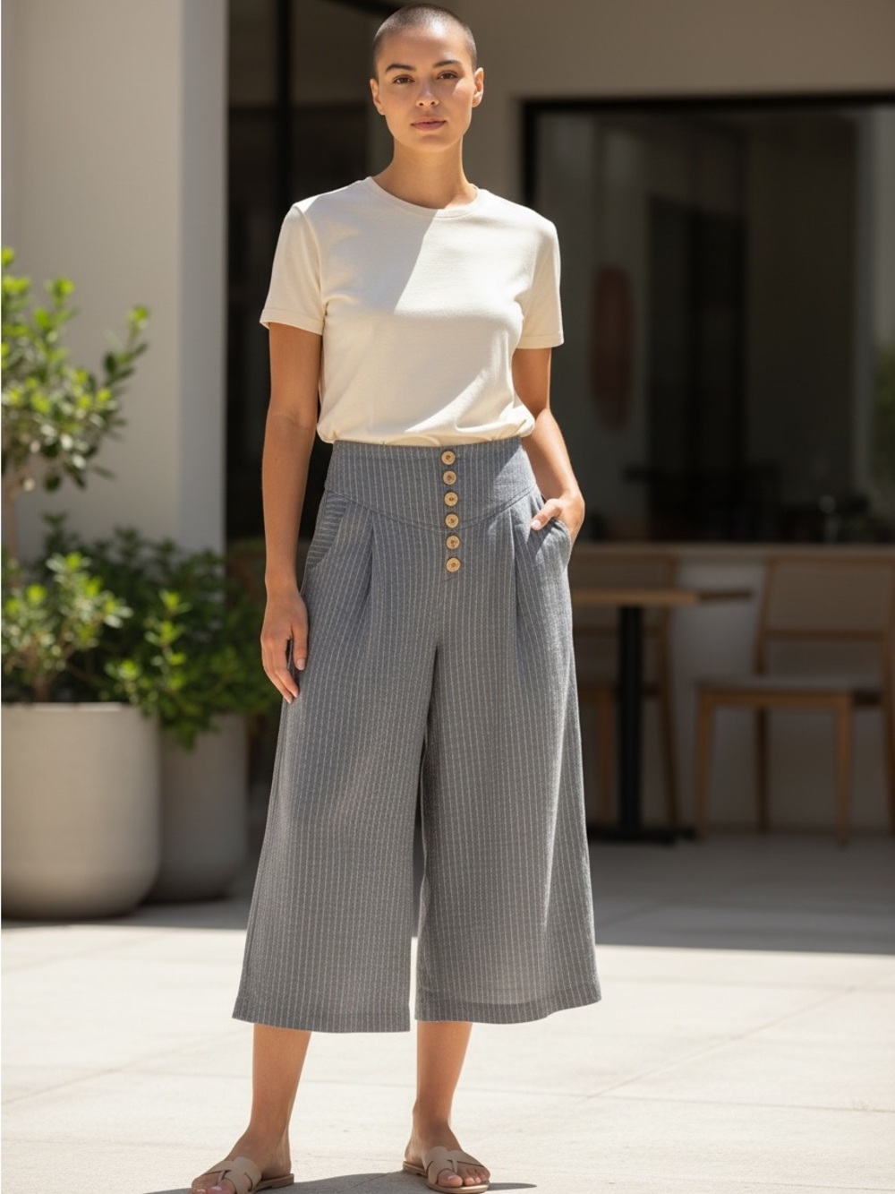 High-Rise Grey Pinstripe Wide-Leg Cropped Capris